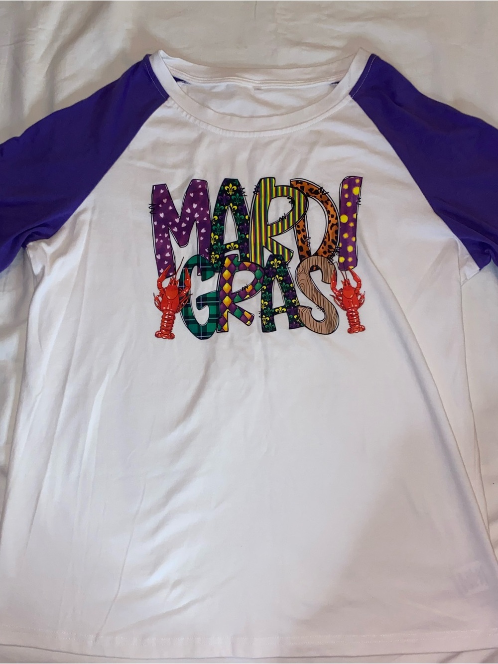 Mardi Gras Raglan Tee - White with Purple Sleeves